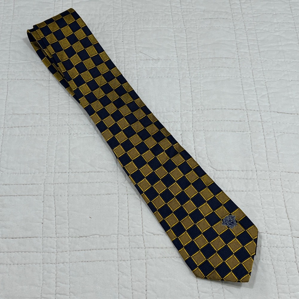 Gianni Versace Men Navy Gold Checkered Silk Tie Medusa Logo Made in Italy